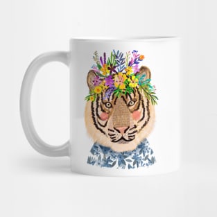 Tiger with Flower Crown, Wild Animal in Nature Mug
